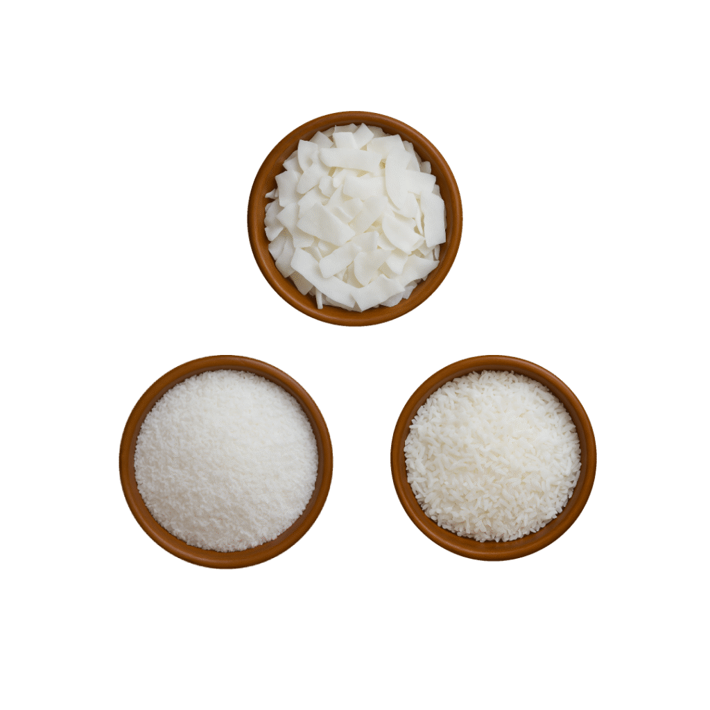 High-Fat Desiccated Coconut: "High-fat desiccated coconut medium and fine grades with natural white color, made from fresh coconut in Indonesia." Low-Fat Desiccated Coconut: "Low-fat desiccated coconut for healthy recipes, available in fine and extra fine grades, processed hygienically in Indonesia." Shredded Coconut/Flakes: "Shredded coconut flakes from Indonesia, unsweetened and natural, ideal for baking and toppings."