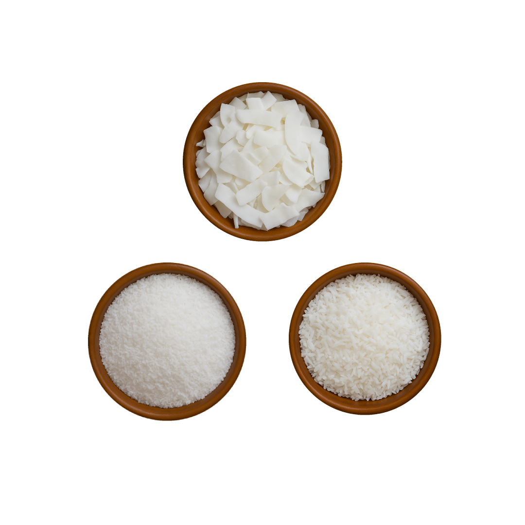 High-Fat Desiccated Coconut: "High-fat desiccated coconut medium and fine grades with natural white color, made from fresh coconut in Indonesia." Low-Fat Desiccated Coconut: "Low-fat desiccated coconut for healthy recipes, available in fine and extra fine grades, processed hygienically in Indonesia." Shredded Coconut/Flakes: "Shredded coconut flakes from Indonesia, unsweetened and natural, ideal for baking and toppings."